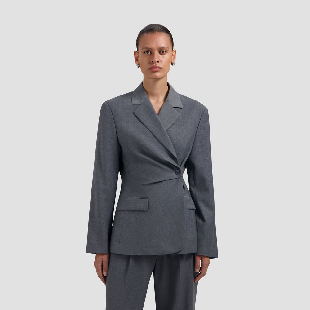Wool Asymmetric Blazer - Sharkskin