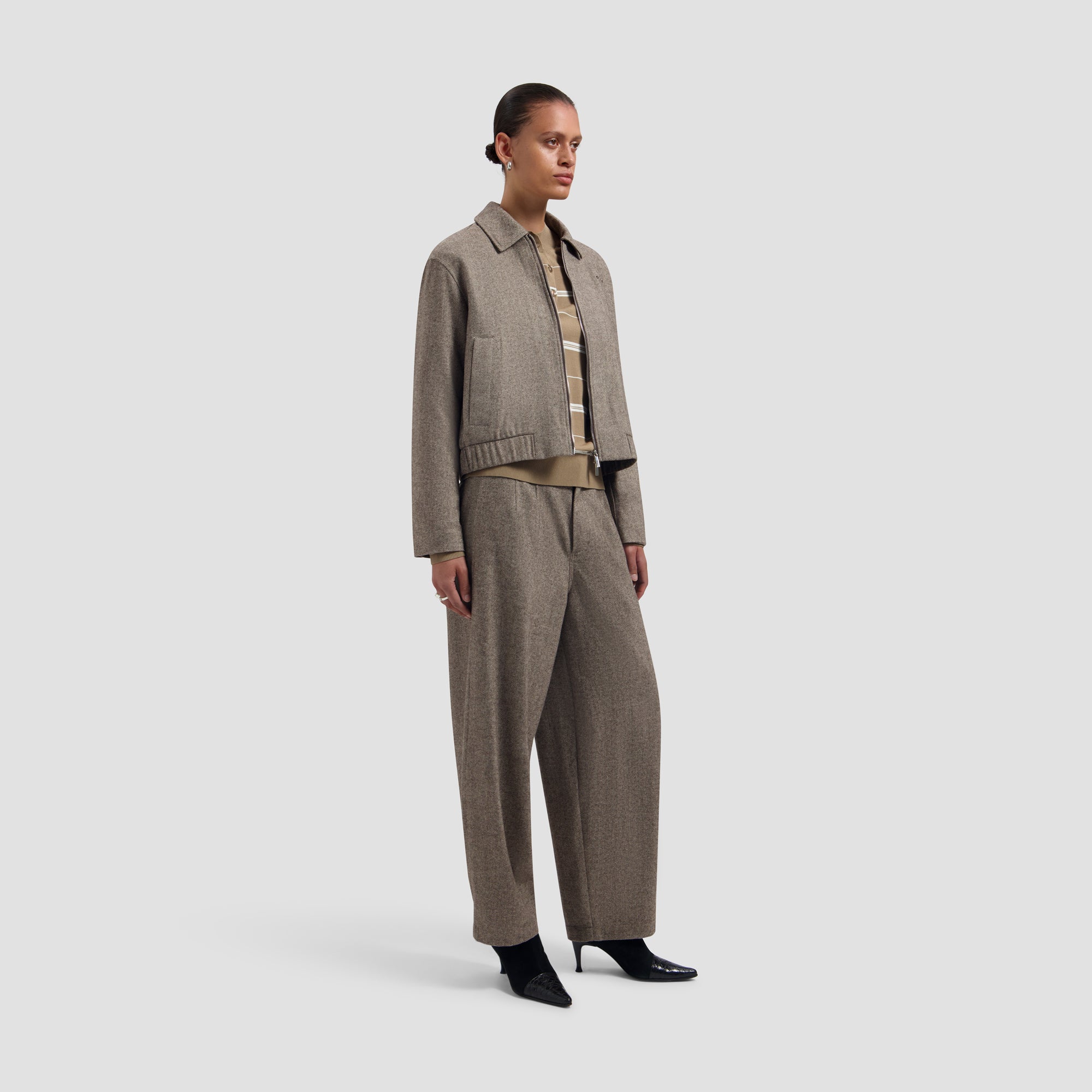 Wool Herringbone Barrel Leg Pant - Chocolate Chip