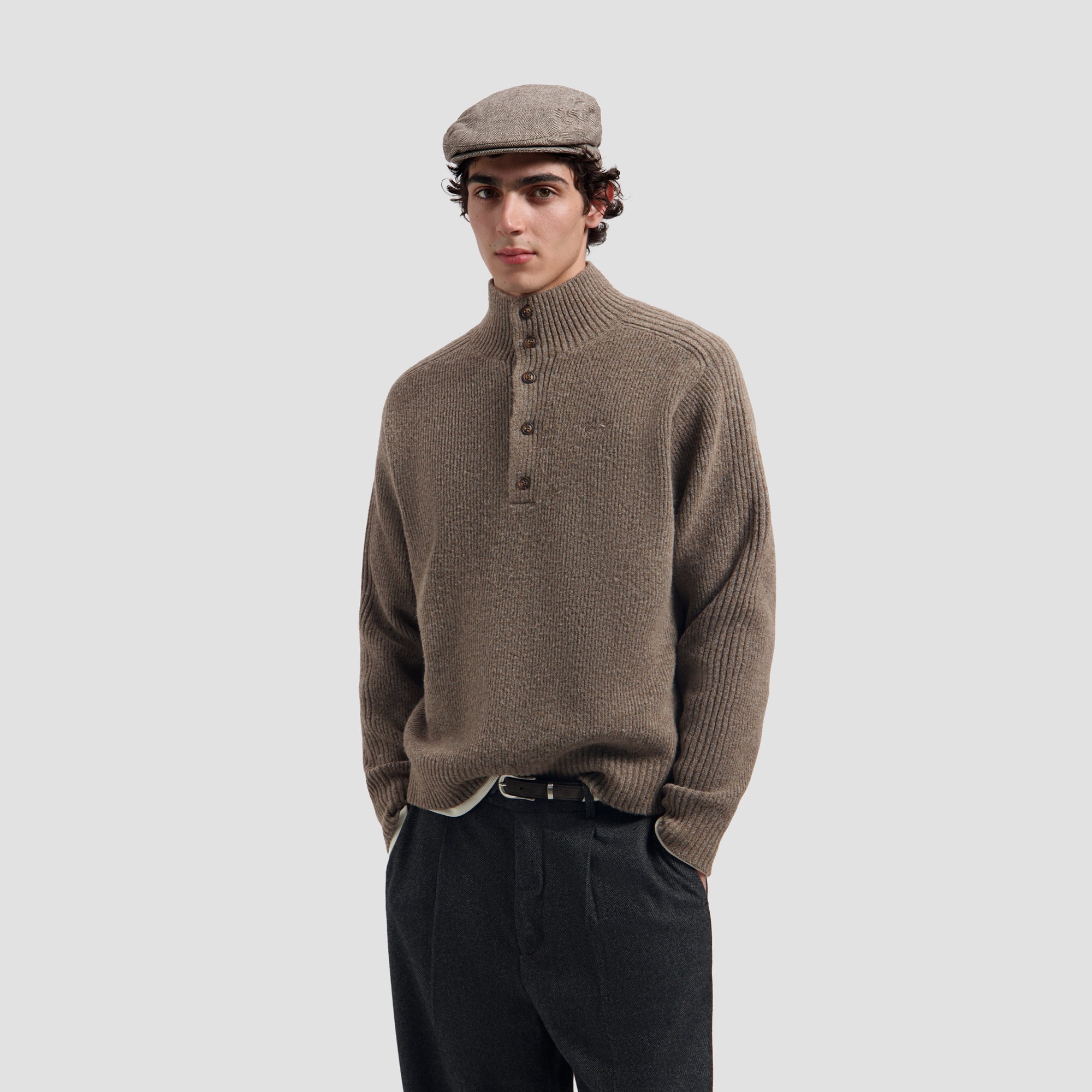 Wool Herringbone Flat Cap - Chocolate Chip