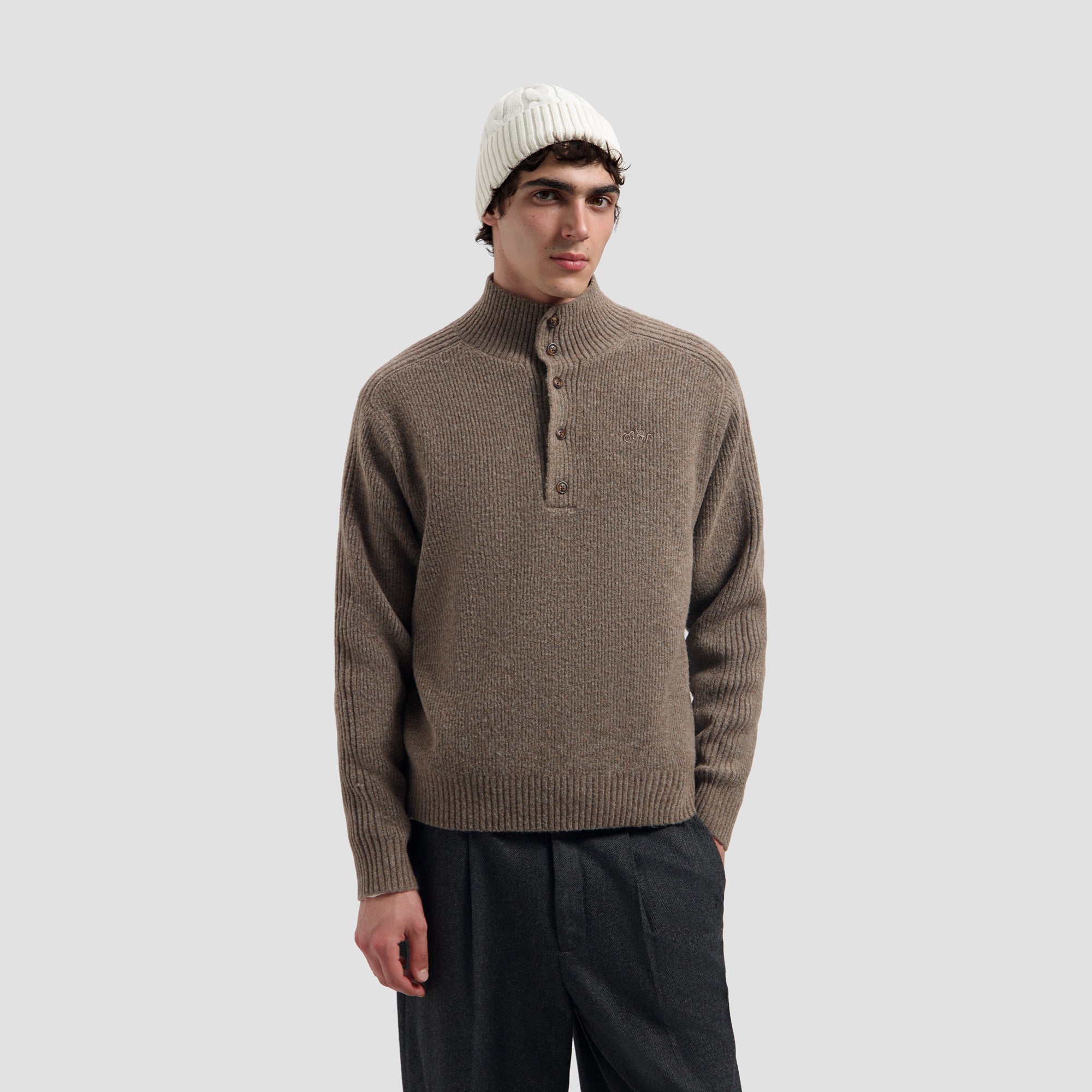 Wool Cable Knitted Beanie - Off-White/Mulch